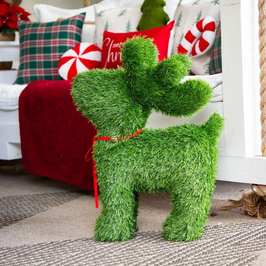 Nearly Natural 2ft. Green UV Resistant Artificial Christmas Grass Garden Plush Topiary Reindeer